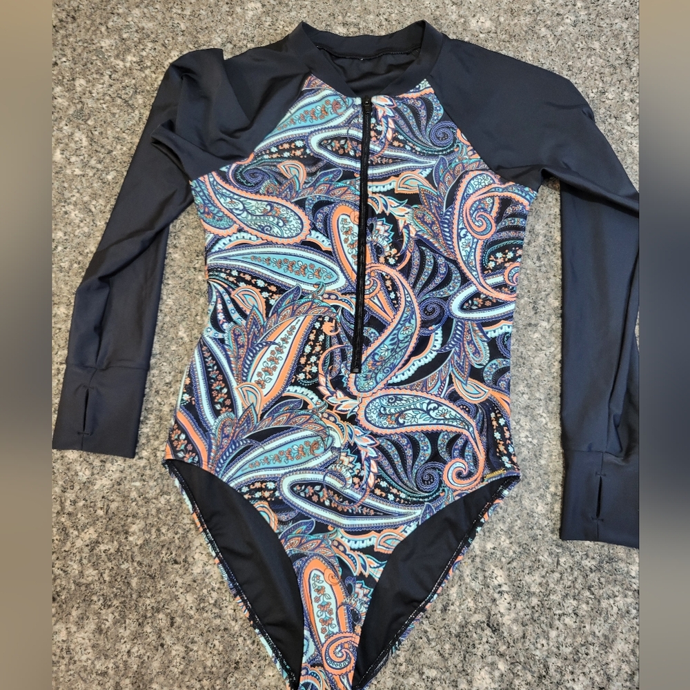 NEW RELLECIGA Blue Black Orange One Piece Swimsuit with Zip Front MED M Surf